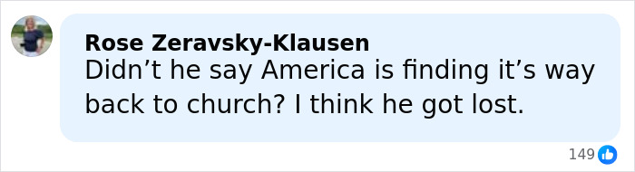 Comment by Rose Zeravsky-Klausen reacting to political and cultural remarks, shown in a social media format.