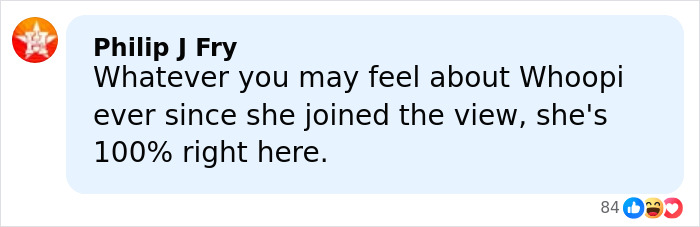 Comment from Philip J Fry about Whoopi on The View, shown in a light blue speech bubble with reaction icons below.