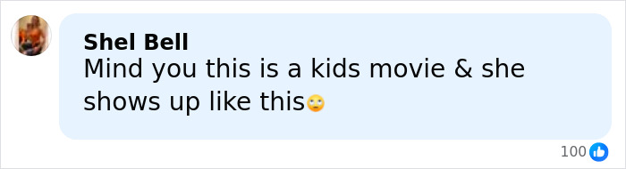 Comment by Shel Bell reacting to Ice Spice's see-through dress, expressing surprise it was worn to a kids movie.