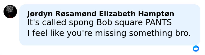 Text comment by Jordyn Rosamond Elizabeth Hampton discussing SpongeBob SquarePants in a casual social media post.