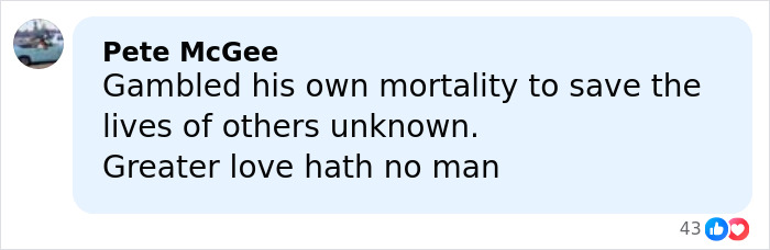 Comment by Pete McGee expressing admiration for Bondi Beach hero who confronted attacker, highlighting bravery and sacrifice.