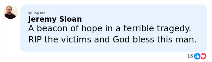 Comment from Jeremy Sloan expressing support and sympathy for Bondi Beach hero after hospital visit update.