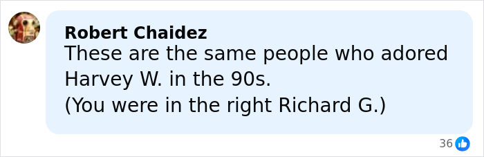 Comment by Robert Chaidez mentioning Richard Gere and referencing past admiration for Harvey W. in the 90s.