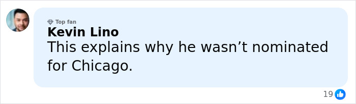 Comment by Kevin Lino discussing Richard Gere and his ban from the Oscars for two decades with engagement icons.