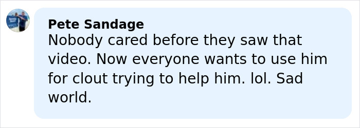 Screenshot of a social media comment discussing Tylor Chase&rsquo;s co-star breaking silence on his homelessness.