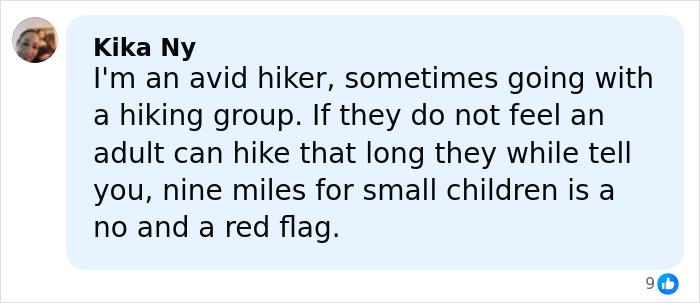 Comment about hiking risks for small children, warning that nine miles is too long and a red flag for parents&rsquo; behavior.