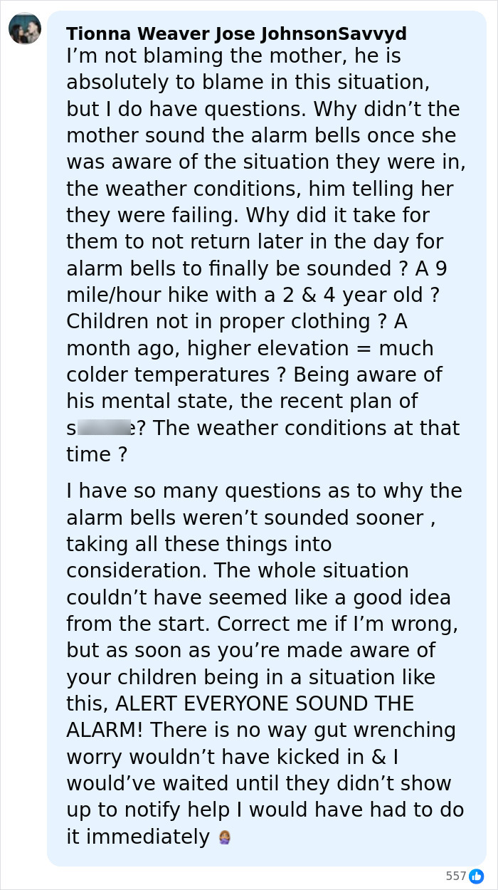 Comment expressing concern about children's safety and alarm delays after dad's disturbing behavior on mountain hike.