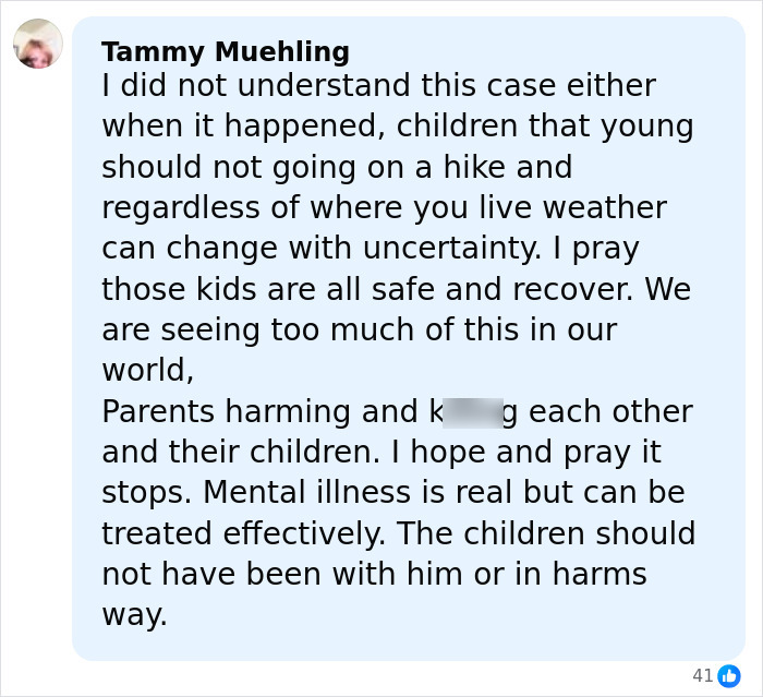 Alt text: Comment discussing children&rsquo;s heartbreaking words after dad&rsquo;s disturbing behavior on mountain and concerns for their safety.