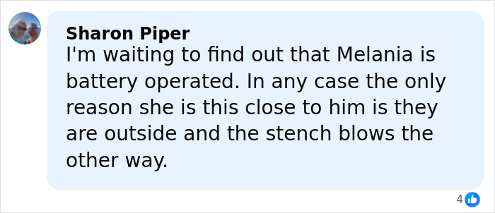 Comment box from Sharon Piper sharing a conspiracy theory about Melania's behavior sparking speculation at tree lighting event. Comment box from Sharon Piper sharing a conspiracy theory about Melania's behavior sparking speculation at tree lighting event.