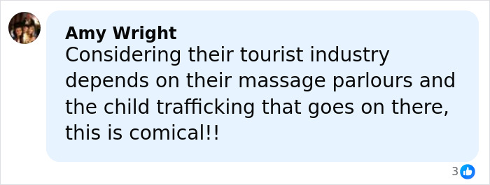 Comment by Amy Wright criticizing the tourist industry linked to massage parlours and child trafficking, referencing scandalous video.