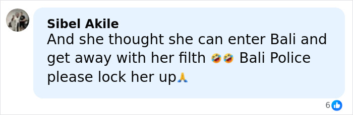 Comment by Sibel Akile criticizing a woman&rsquo;s actions and calling for Bali Police to detain her amid scandal concerns.