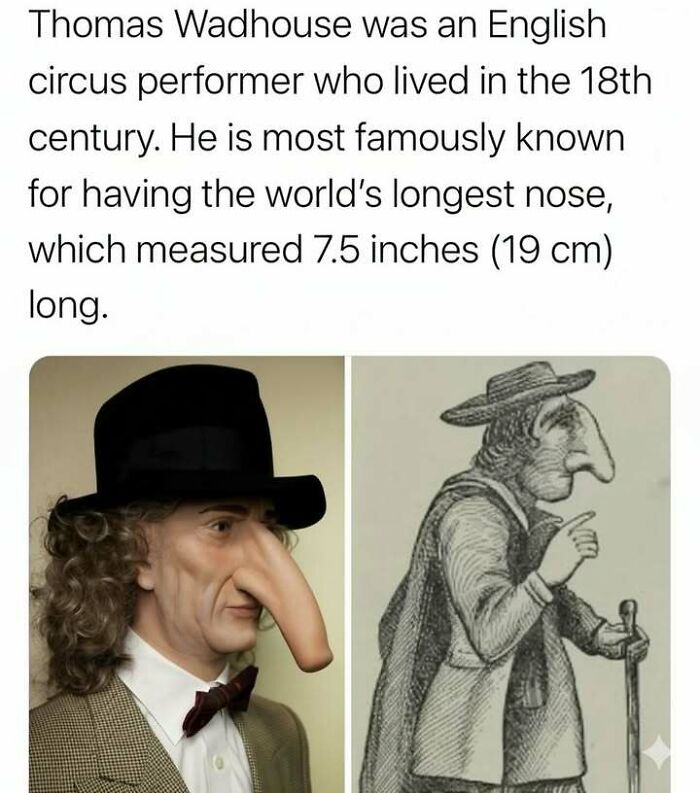 Side-by-side images of Thomas Wadhouse, an 18th-century circus performer with an extremely long nose, funny memes.