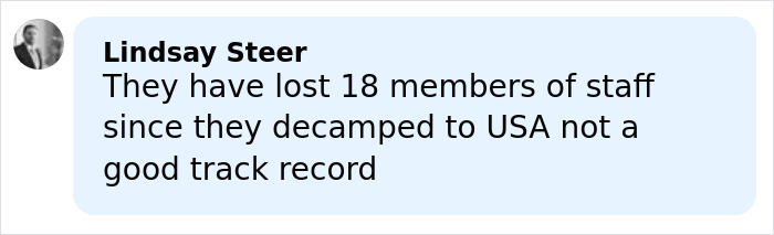 Comment from Lindsay Steer criticizing Prince Harry and Meghan Markle&rsquo;s staff turnover and PR challenges.