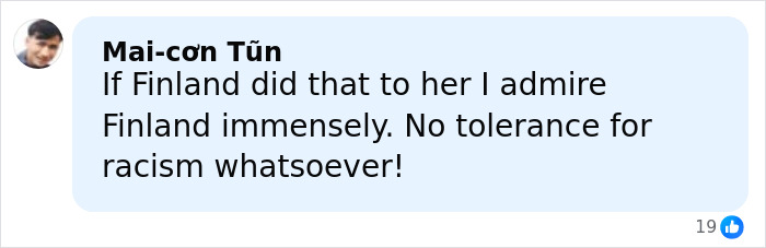 Comment praising Finland's stance against racism after Miss Finland loses crown over racist gesture backlash.