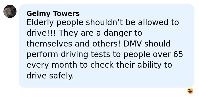 User comment discussing dangers of elderly drivers and suggesting monthly DMV driving tests for safety in a final destination stuff accident context.