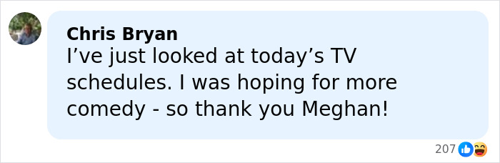 Comment from Chris Bryan mentioning Meghan Markle in a discussion about TV schedules and comedy, sparking split rumors.