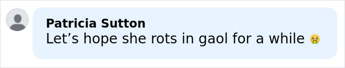 Screenshot of a comment by Patricia Sutton reacting to Bonnie Blue's arrest with a harsh message.