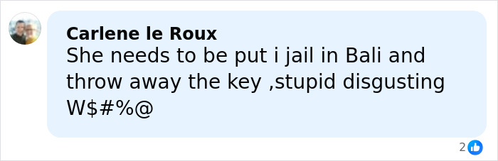 Comment from Carlene le Roux reacting to Bonnie Blue's arrest with a harsh opinion on jail in Bali.