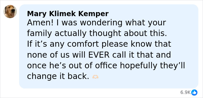 Screenshot of a Facebook comment expressing hope for the Kennedy Center renaming to be reversed online. Screenshot of a Facebook comment expressing hope for the Kennedy Center renaming to be reversed online.