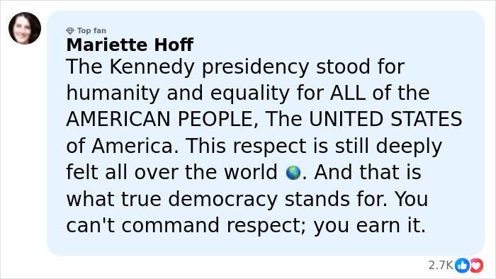 Comment on Kennedy Center renaming emphasizing respect, democracy, and the legacy of the Kennedy presidency. Comment on Kennedy Center renaming emphasizing respect, democracy, and the legacy of the Kennedy presidency.