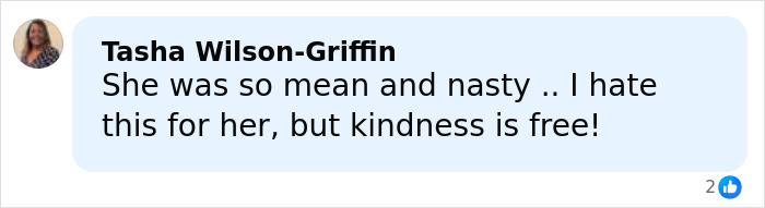 Comment from Tasha Wilson-Griffin expressing frustration and advocating kindness regarding Brandi Glanville&rsquo;s facial disfigurement diagnosis.