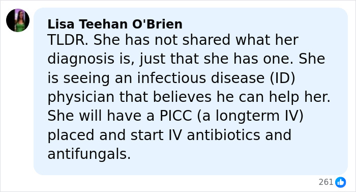 Comment from Lisa Teehan O'Brien explaining Brandi Glanville's facial disfigurement diagnosis and treatment plan details.
