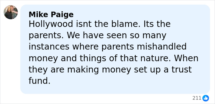 Comment from Mike Paige discussing parental responsibility in the struggle with homelessness faced by Nickelodeon star.