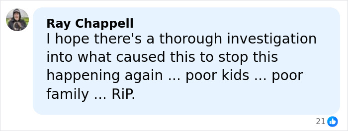 Comment by Ray Chappell expressing hope for a thorough investigation after influencer's daughter passes away.