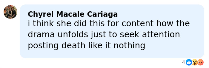 Comment from social media discussing influencer&rsquo;s daughter passing away, expressing skepticism about the content&rsquo;s authenticity.