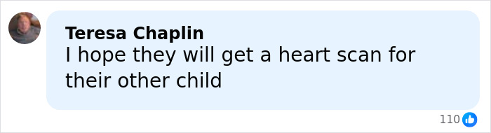 Screenshot of a social media comment expressing hope for a heart scan for influencer's daughter amid family tragedy.