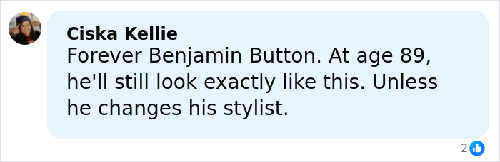 Comment by Ciska Kellie humorously comparing someone's appearance to Benjamin Button, mentioning stylist changes.