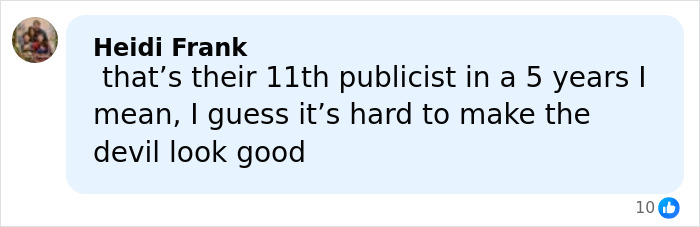 Comment by Heidi Frank mentioning the 11th publicist in 5 years and the challenge of managing Meghan Markle and Prince Harry's image.