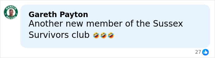 Comment on social media by Gareth Payton mentioning a new member of the Sussex Survivors club with laughing emojis.