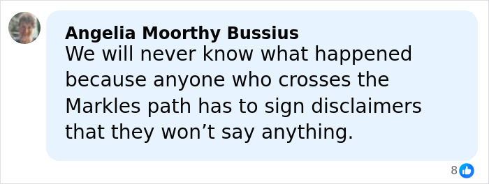 Comment from Angelia Moorthy Bussius about Meghan Markle&rsquo;s team, mentioning signed disclaimers and silence requirements.