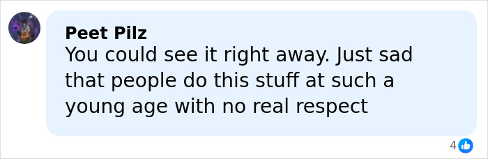 Comment from Peet Pilz expressing sadness about plastic surgery rumors and lack of respect at a young age.