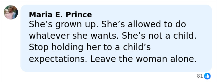 Comment by Maria E. Prince defending Millie Bobby Brown&rsquo;s right to personal choices amid plastic surgery rumors controversy.