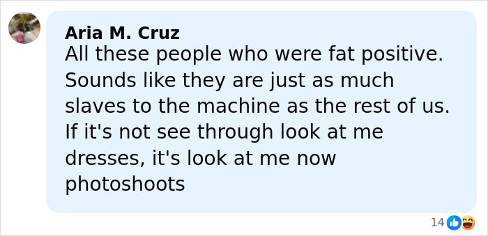 Comment by Aria M. Cruz criticizing the facade of weight loss and photoshoots in the context of dramatic weight loss.
