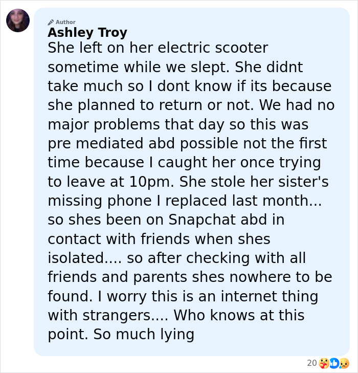 Screenshot of a social media post discussing concerns about a missing teen amid two teens charged with homicide case. Screenshot of a social media post discussing concerns about a missing teen amid two teens charged with homicide case.