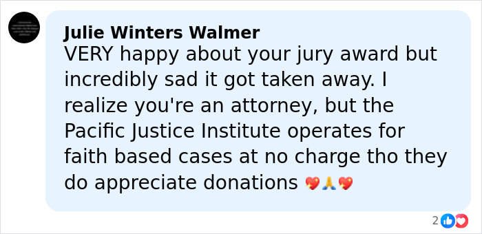 Screenshot of a social media comment discussing a jury award related to the viral Christmas lawyer case.