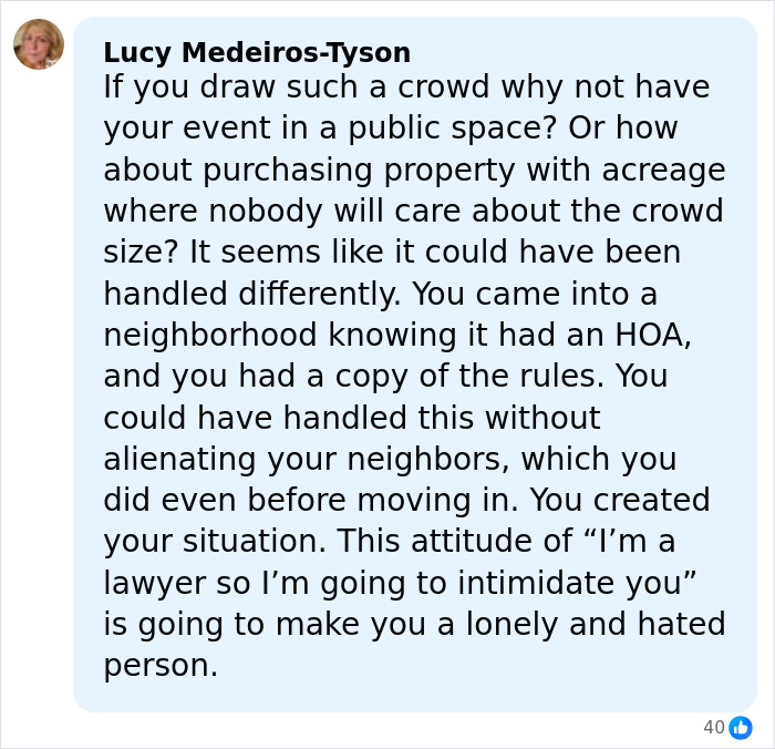 Screenshot of a comment criticizing a Christmas lawyer for handling HOA rules and neighbor relations poorly.