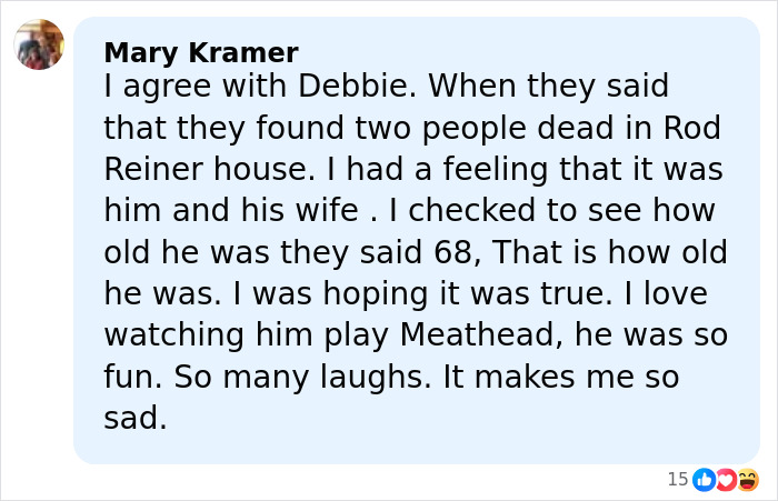 Facebook comment discussing the son eyed as person of interest after Rob Reiner and wife found slain in LA home.