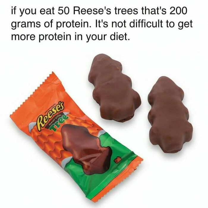 Chocolate Reese's Trees with text about protein content, shown as a funny meme for hilarious memes and stress relief.