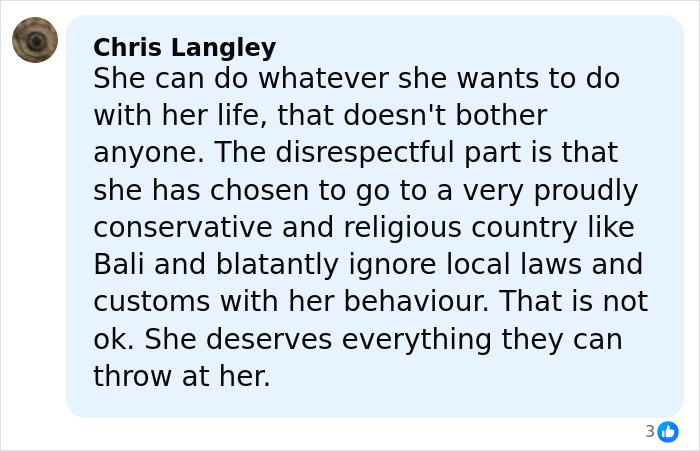 Comment discussing disrespect for local laws by Bonnie Blue, as snitch reports lead to possible prison sentence. Comment discussing disrespect for local laws by Bonnie Blue, as snitch reports lead to possible prison sentence.