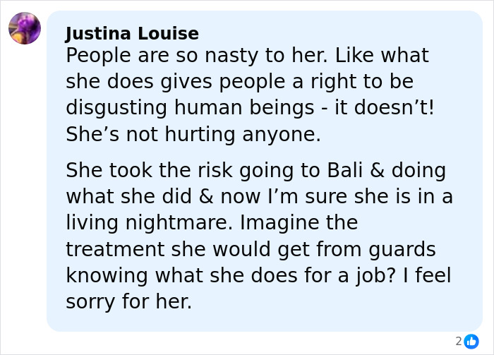 Comment from Justina Louise defending Bonnie Blue, addressing online nastiness and prison treatment concerns. Comment from Justina Louise defending Bonnie Blue, addressing online nastiness and prison treatment concerns.