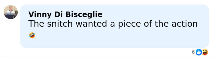 Comment section screenshot showing a user named Vinny Di Bisceglie saying the snitch wanted a piece of the action. Comment section screenshot showing a user named Vinny Di Bisceglie saying the snitch wanted a piece of the action.