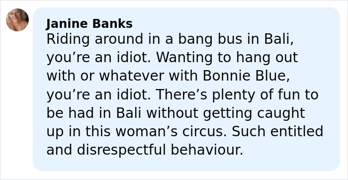 Comment criticizes Bonnie Blue’s behavior and warns against associating with her amid legal troubles and snitch revelations. Comment criticizes Bonnie Blue’s behavior and warns against associating with her amid legal troubles and snitch revelations.