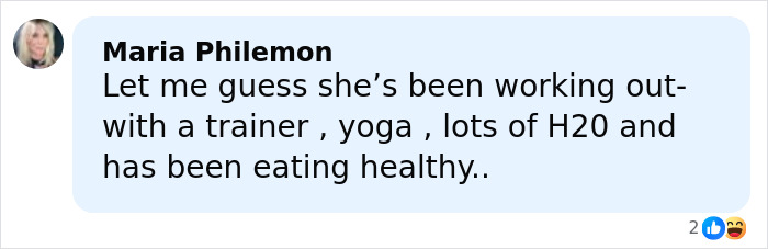 Comment by Maria Philemon discussing fitness, yoga, and healthy eating related to dramatic weight loss.
