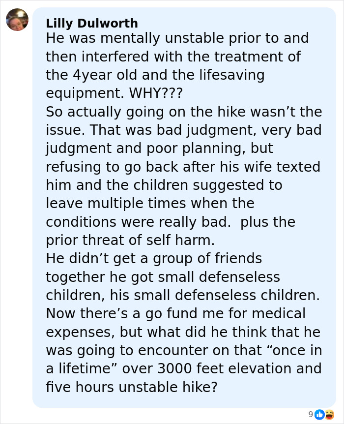 Comment discussing dad&rsquo;s disturbing behavior on mountain hike and children&rsquo;s heartbreaking words about safety and judgment.