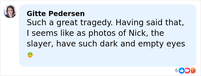 Comment by Gitte Pedersen expressing sorrow about Nick the slayer with dark and empty eyes following Rob Reiner’s children’s statement. Comment by Gitte Pedersen expressing sorrow about Nick the slayer with dark and empty eyes following Rob Reiner’s children’s statement.