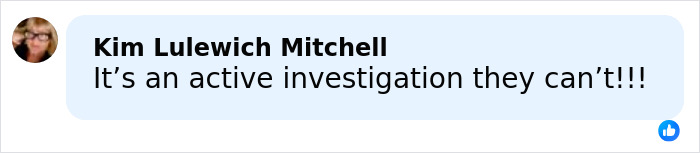 Comment on social media post by Kim Lulewich Mitchell stating an active investigation cannot proceed, related to Rob Reiner’s children Jake and Romy. Comment on social media post by Kim Lulewich Mitchell stating an active investigation cannot proceed, related to Rob Reiner’s children Jake and Romy.
